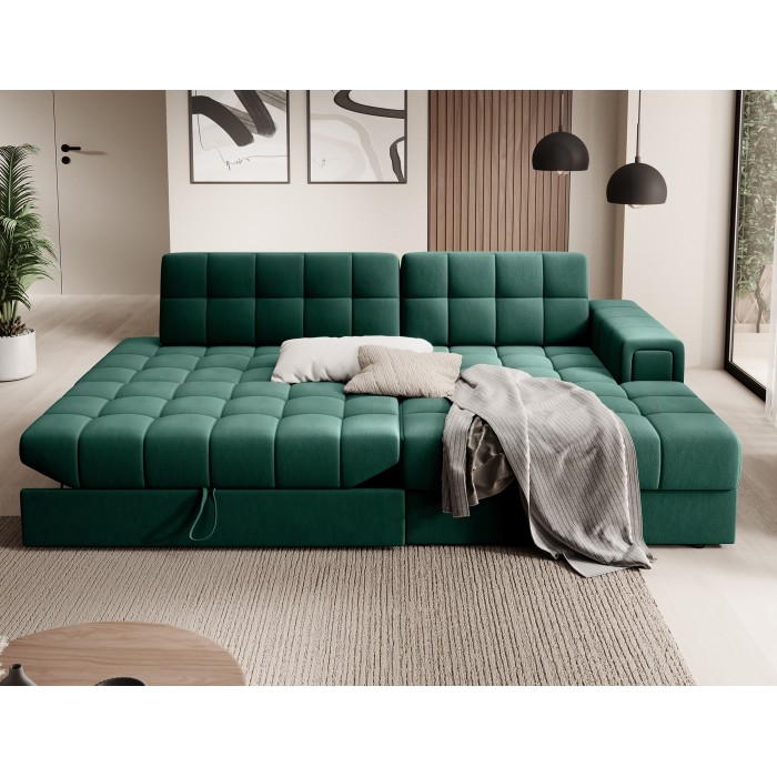 Canapé d’angle convertible CUBITO vert 240 cm avec coffre et couchage 