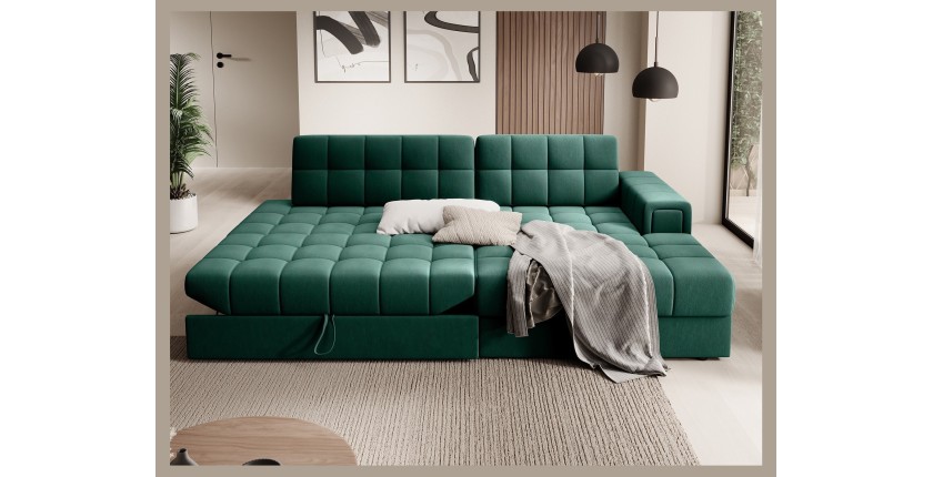 Canapé d’angle convertible CUBITO vert 240 cm avec coffre et couchage 