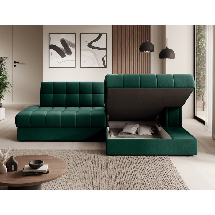 Canapé d’angle convertible CUBITO vert 240 cm avec coffre et couchage 