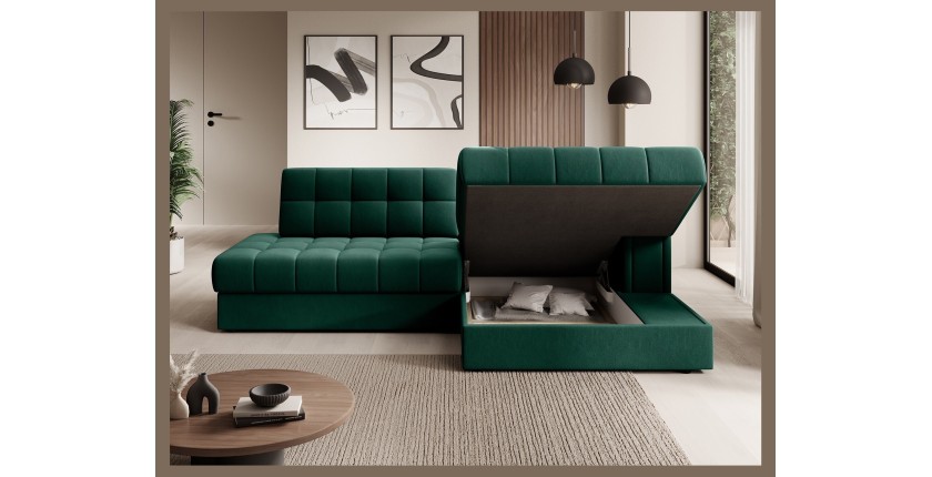 Canapé d’angle convertible CUBITO vert 240 cm avec coffre et couchage 