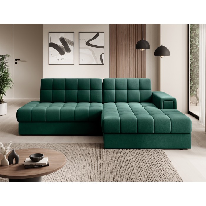 Canapé d’angle convertible CUBITO vert 240 cm avec coffre et couchage 