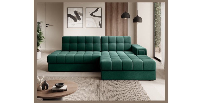 Canapé d’angle convertible CUBITO vert 240 cm avec coffre et couchage 