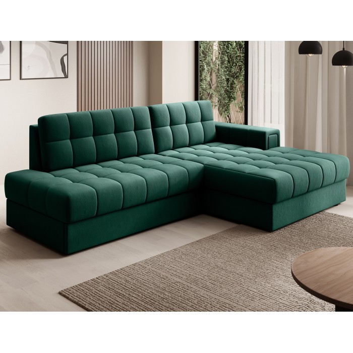 Canapé d’angle convertible CUBITO vert 240 cm avec coffre et couchage 