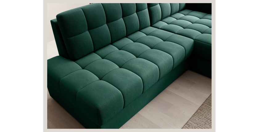 Canapé d’angle convertible CUBITO vert 240 cm avec coffre et couchage 