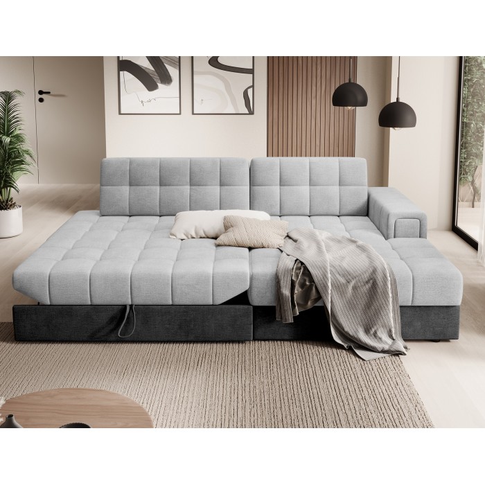 Canapé d’angle convertible CUBITO gris et noir 240 cm avec coffre et couchage 