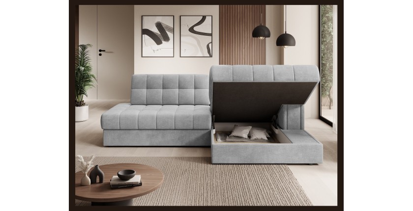 Canapé d’angle convertible CUBITO gris 240 cm avec coffre et couchage 