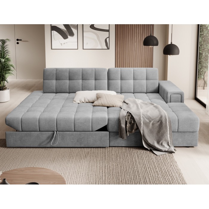 Canapé d’angle convertible CUBITO gris 240 cm avec coffre et couchage 