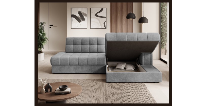 Canapé d’angle convertible CUBITO gris 240 cm avec coffre et couchage 