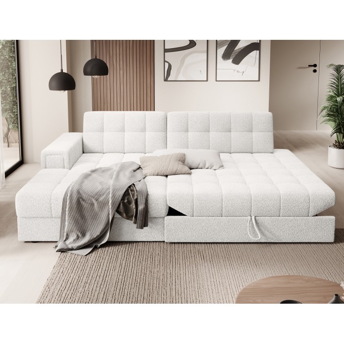 Canapé d’angle convertible CUBITO blanc bouclette 240 cm avec coffre et couchage 