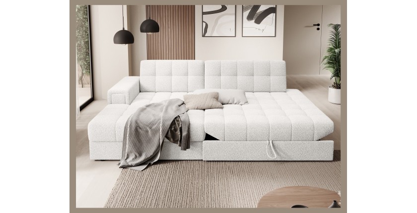 Canapé d’angle convertible CUBITO blanc bouclette 240 cm avec coffre et couchage 