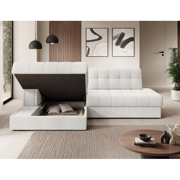 Canapé d’angle convertible CUBITO blanc bouclette 240 cm avec coffre et couchage 