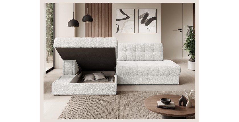 Canapé d’angle convertible CUBITO blanc bouclette 240 cm avec coffre et couchage 