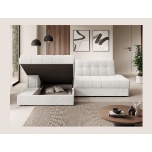 Canapé d’angle convertible CUBITO blanc bouclette 240 cm avec coffre et couchage 