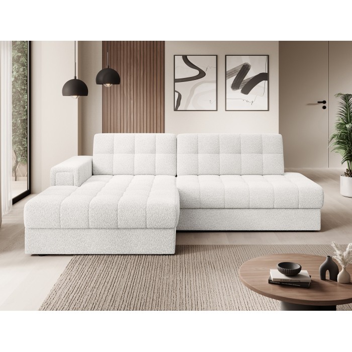 Canapé d’angle convertible CUBITO blanc bouclette 240 cm avec coffre et couchage 