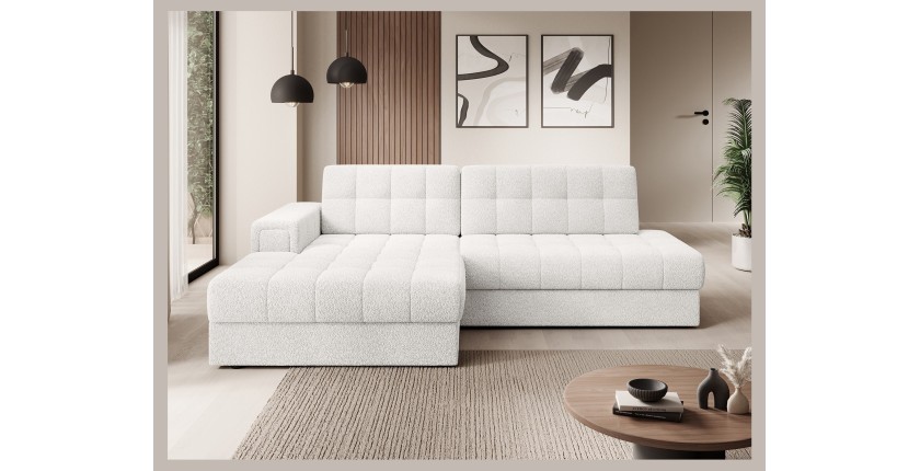 Canapé d’angle convertible CUBITO blanc bouclette 240 cm avec coffre et couchage 