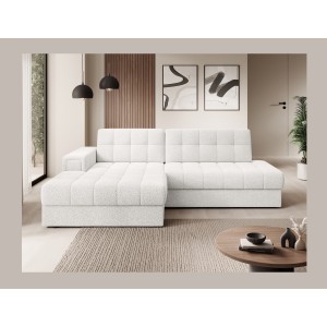 Canapé d’angle convertible CUBITO blanc bouclette 240 cm avec coffre et couchage 