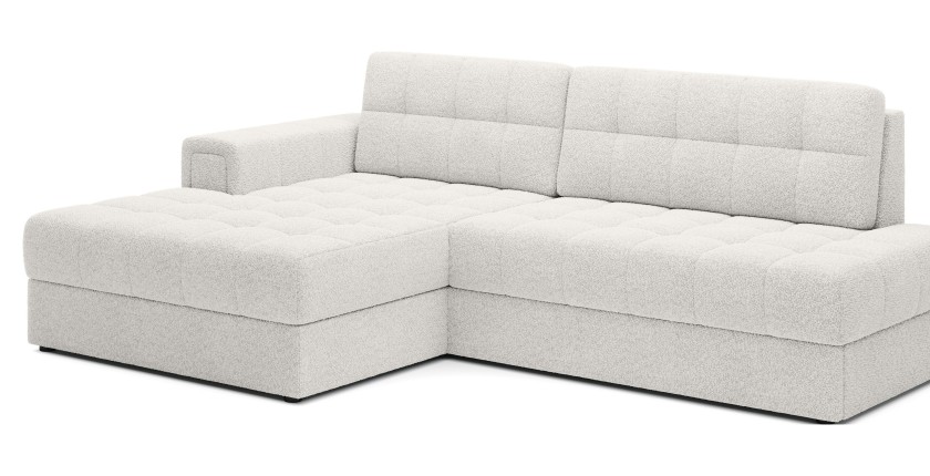 Canapé d’angle convertible CUBITO blanc bouclette 240 cm avec coffre et couchage 