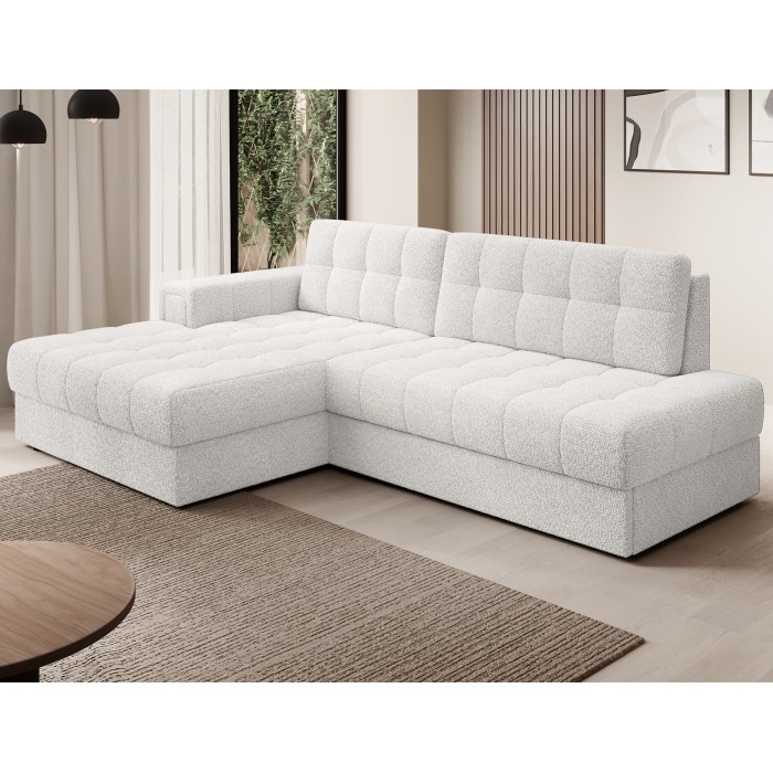 Canapé d’angle convertible CUBITO blanc bouclette 240 cm avec coffre et couchage 