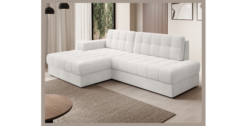 Canapé d’angle convertible CUBITO blanc bouclette 240 cm avec coffre et couchage 