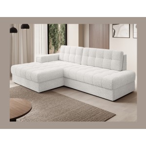 Canapé d’angle convertible CUBITO blanc bouclette 240 cm avec coffre et couchage 