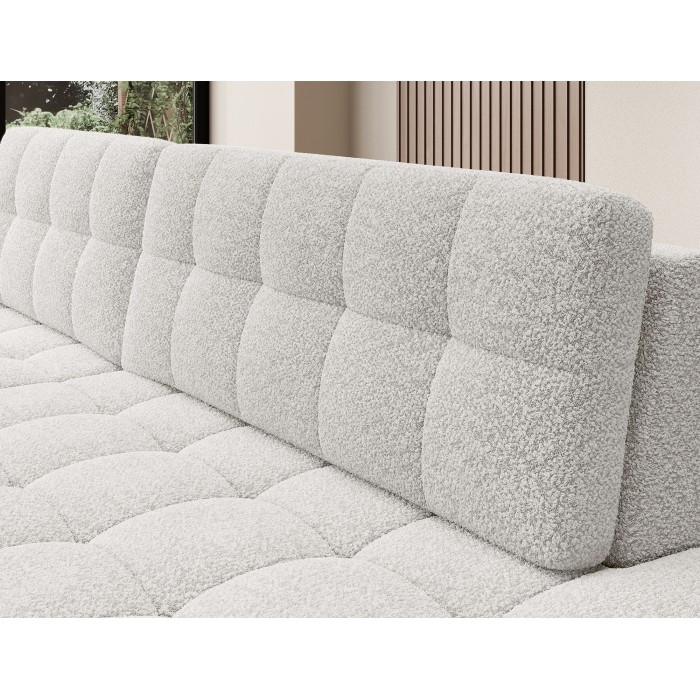Canapé d’angle convertible CUBITO blanc bouclette 240 cm avec coffre et couchage 