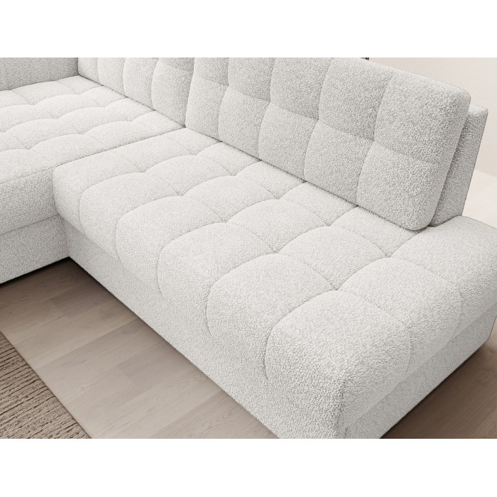 Canapé d’angle convertible CUBITO blanc bouclette 240 cm avec coffre et couchage 