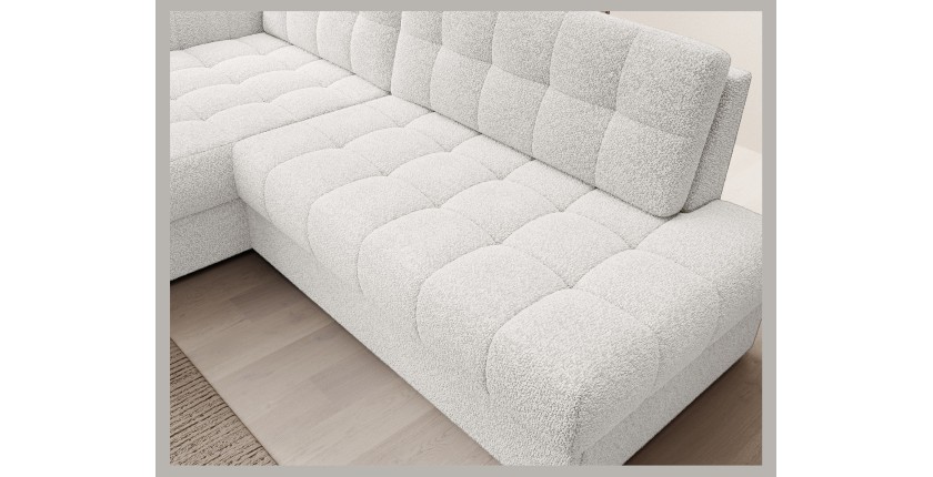 Canapé d’angle convertible CUBITO blanc bouclette 240 cm avec coffre et couchage 
