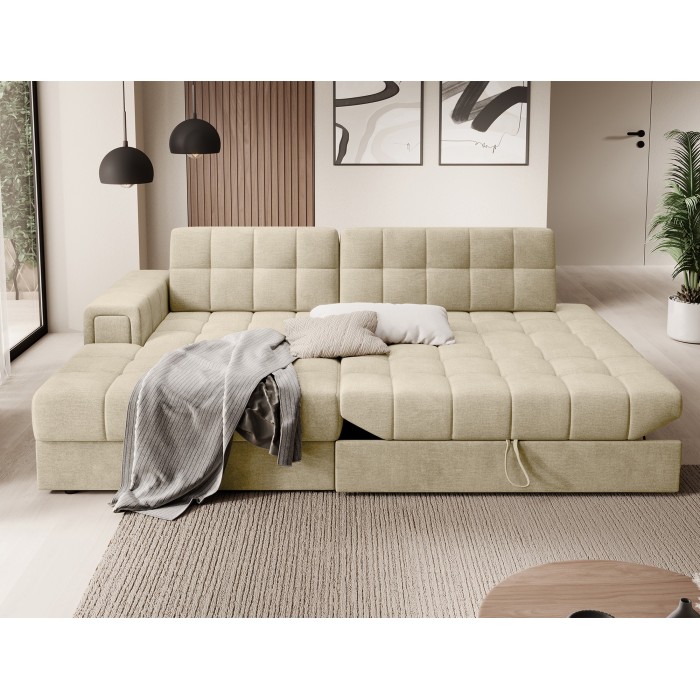 Canapé d’angle convertible CUBITO beige 240 cm avec coffre de rangement et couchage 