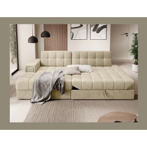 Canapé d’angle convertible CUBITO beige 240 cm avec coffre de rangement et couchage 