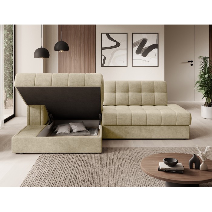 Canapé d’angle convertible CUBITO beige 240 cm avec coffre de rangement et couchage 