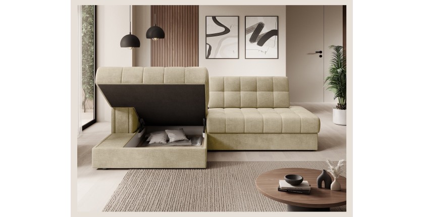Canapé d’angle convertible CUBITO beige 240 cm avec coffre de rangement et couchage 
