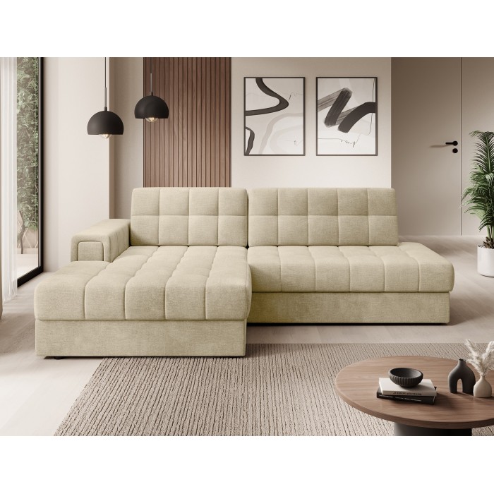 Canapé d’angle convertible CUBITO beige 240 cm avec coffre de rangement et couchage 