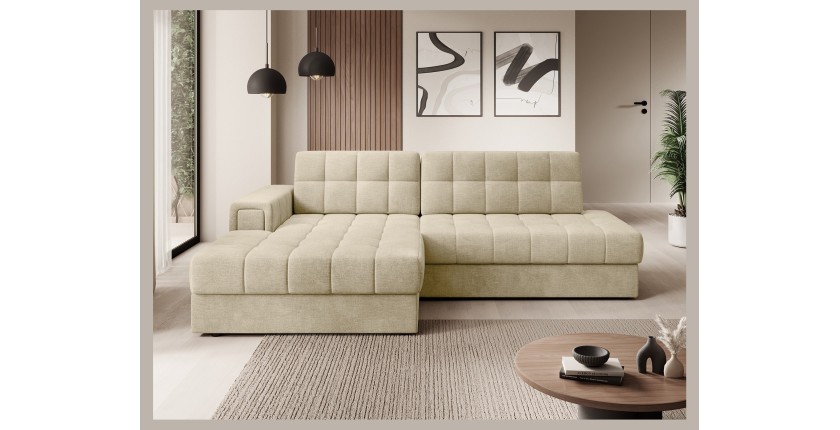 Canapé d’angle convertible CUBITO beige 240 cm avec coffre de rangement et couchage 