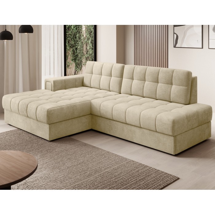 Canapé d’angle convertible CUBITO beige 240 cm avec coffre de rangement et couchage 