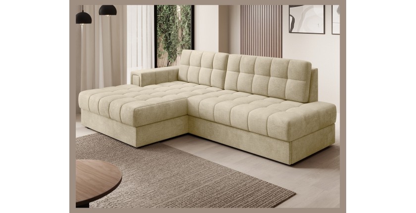 Canapé d’angle convertible CUBITO beige 240 cm avec coffre de rangement et couchage 