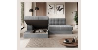 Canapé d’angle convertible CUBITO gris 240 cm avec coffre de rangement et couchage 