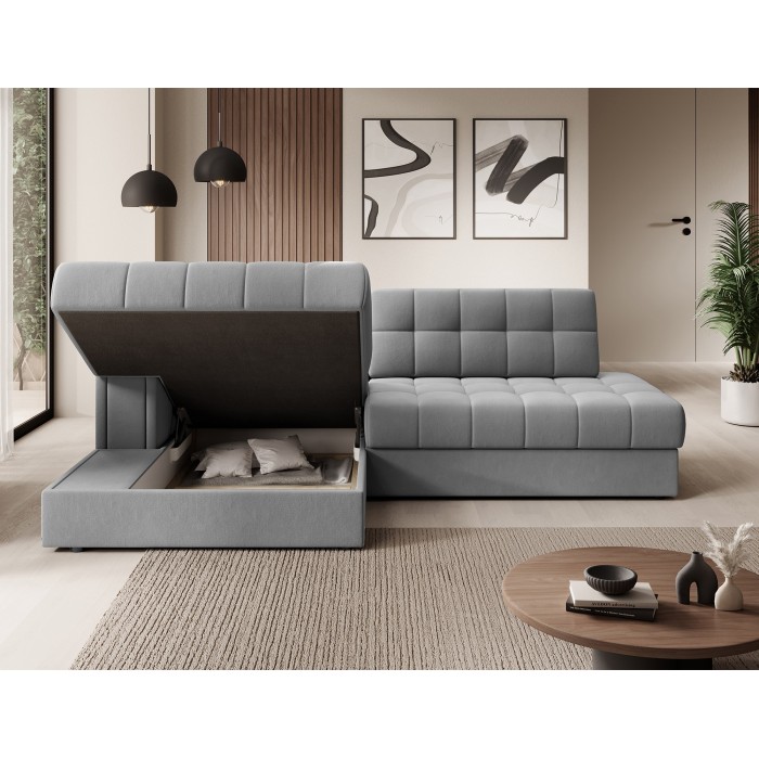 Canapé d’angle convertible CUBITO gris 240 cm avec coffre de rangement et couchage 