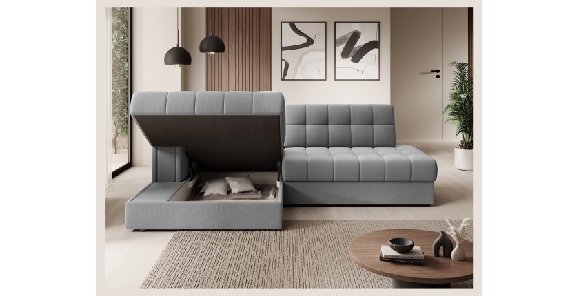 Canapé d’angle convertible CUBITO gris 240 cm avec coffre de rangement et couchage 