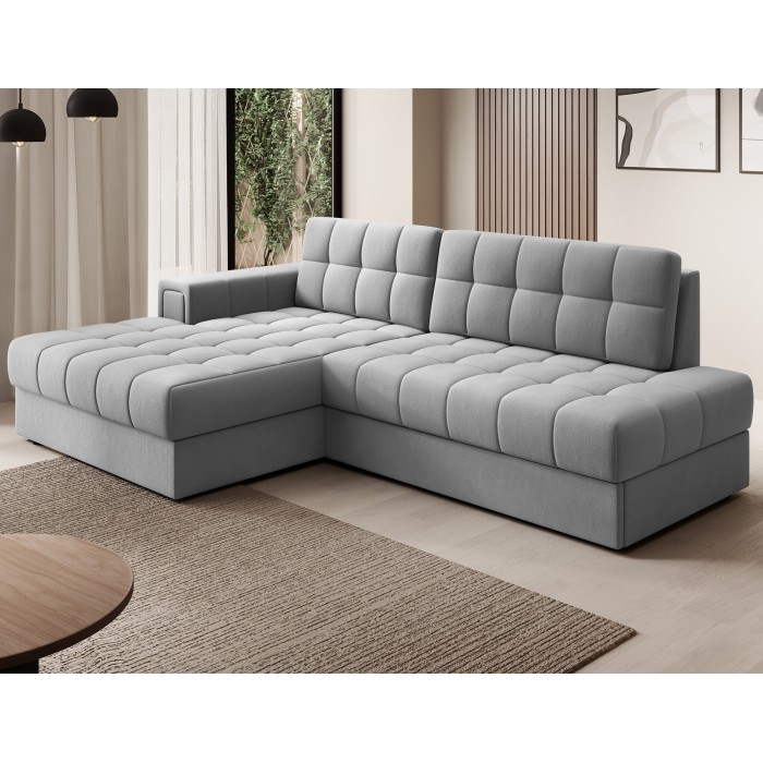 Canapé d’angle convertible CUBITO gris 240 cm avec coffre de rangement et couchage 