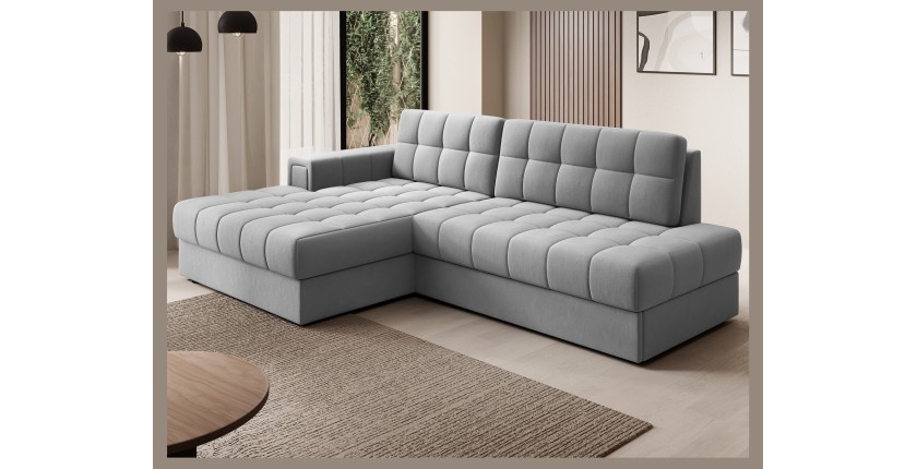 Canapé d’angle convertible CUBITO gris 240 cm avec coffre de rangement et couchage 