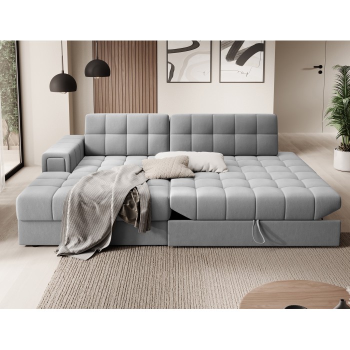 Canapé d’angle convertible CUBITO gris 240 cm avec coffre de rangement et couchage 