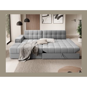 Canapé d’angle convertible CUBITO gris 240 cm avec coffre de rangement et couchage 
