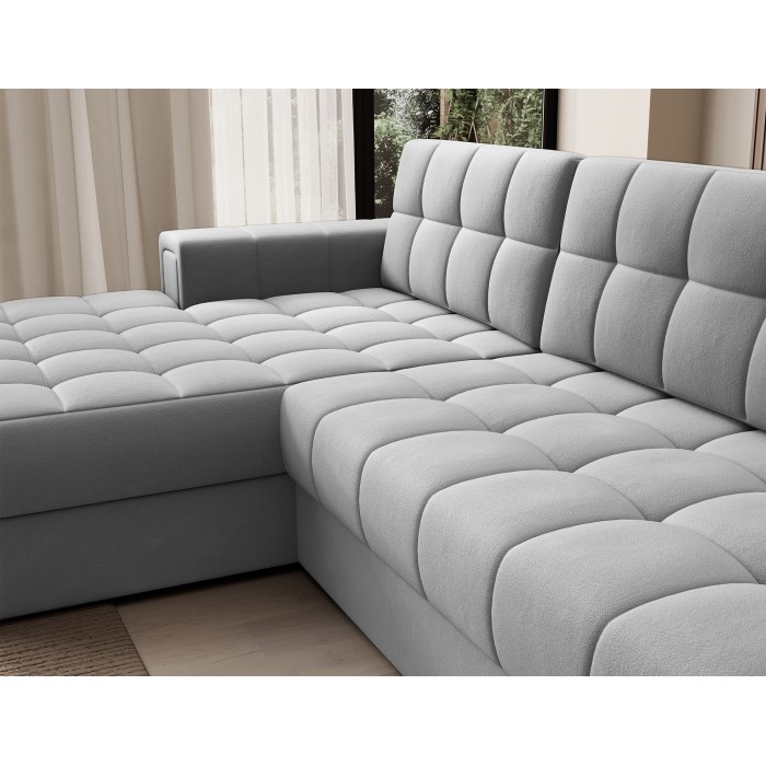 Canapé d’angle convertible CUBITO gris 240 cm avec coffre de rangement et couchage 