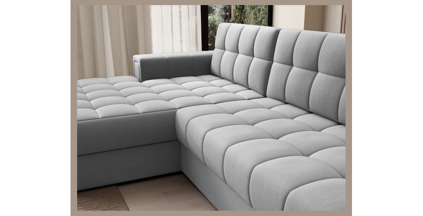 Canapé d’angle convertible CUBITO gris 240 cm avec coffre de rangement et couchage 