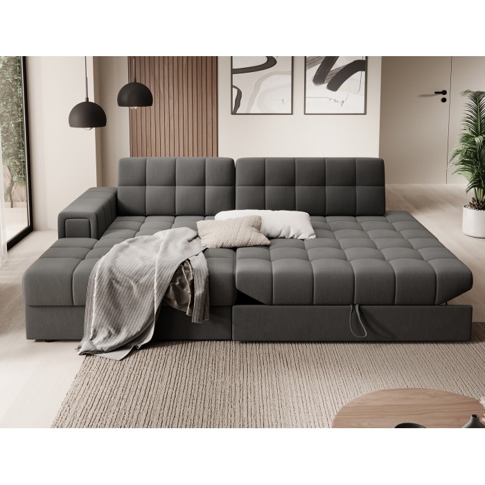 Canapé d’angle convertible CUBITO marron 240 cm avec coffre de rangement et couchage 