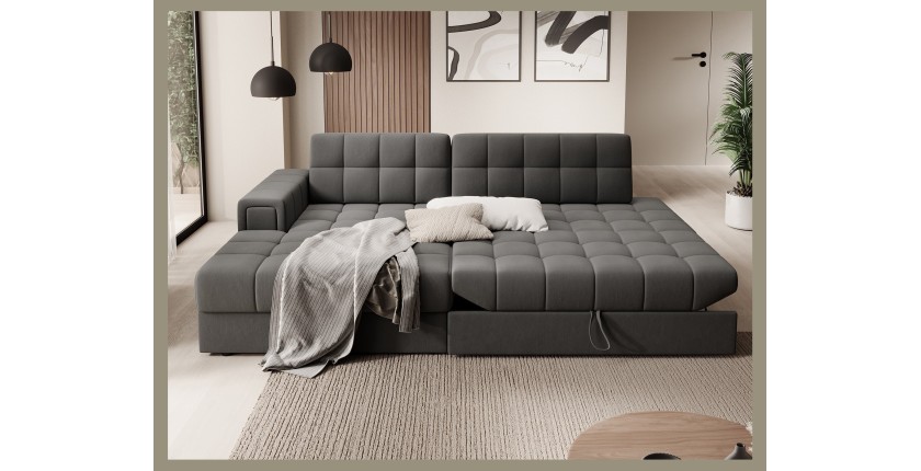 Canapé d’angle convertible CUBITO marron 240 cm avec coffre de rangement et couchage 