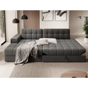 Canapé d’angle convertible CUBITO marron 240 cm avec coffre de rangement et couchage 