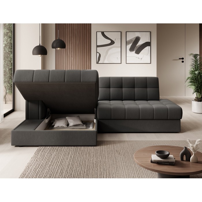 Canapé d’angle convertible CUBITO marron 240 cm avec coffre de rangement et couchage 