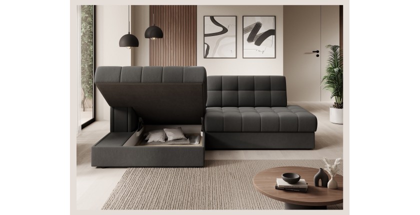 Canapé d’angle convertible CUBITO marron 240 cm avec coffre de rangement et couchage 
