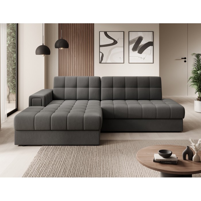 Canapé d’angle convertible CUBITO marron 240 cm avec coffre de rangement et couchage 